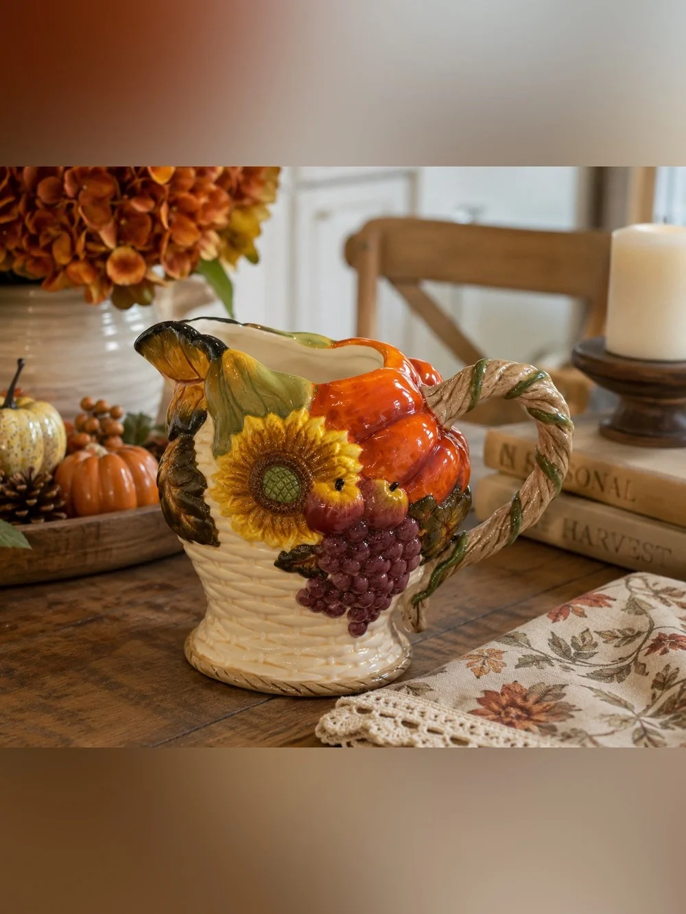 Bella Casa Ganz Harvest Pitcher Pumpkin Sunflower Grapes Fall Decor